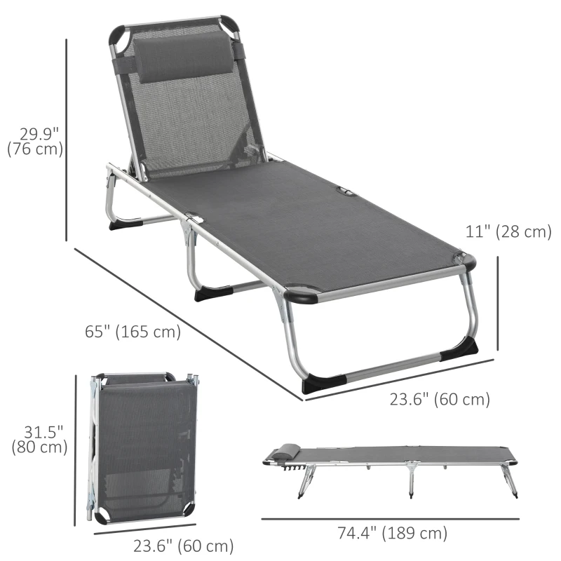 Outsunny Folding Lounge Chair, Patio Lounger with Headrest, 5-Level Adjustable Backrest, and Aluminum Frame, Grey