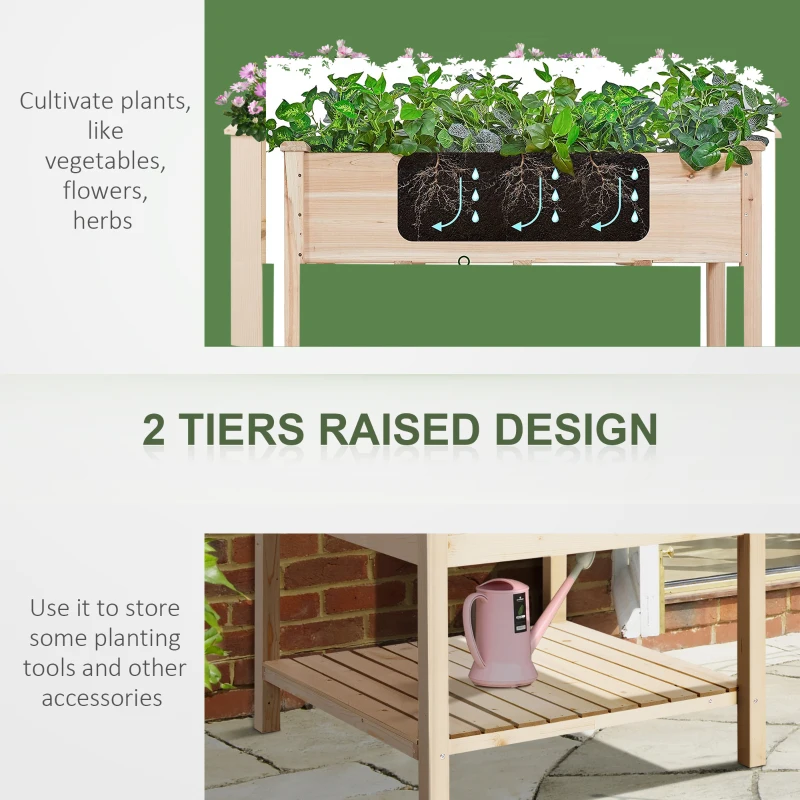 Outsunny 35.75'' x 35.75'' Raised Garden Bed with Liner and Drainage Holes, Outdoor Wooden Elevated Planter Box with Legs and Storage Shelf, Garden Plant Stand Box