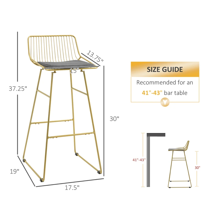 HOMCOM Modern Bar Stools Set of 2, Metal Wire Bar Height Barstools, 30 Inch Bar Chairs for Kitchen with Removable Cushion, Back and Footrest, Gold