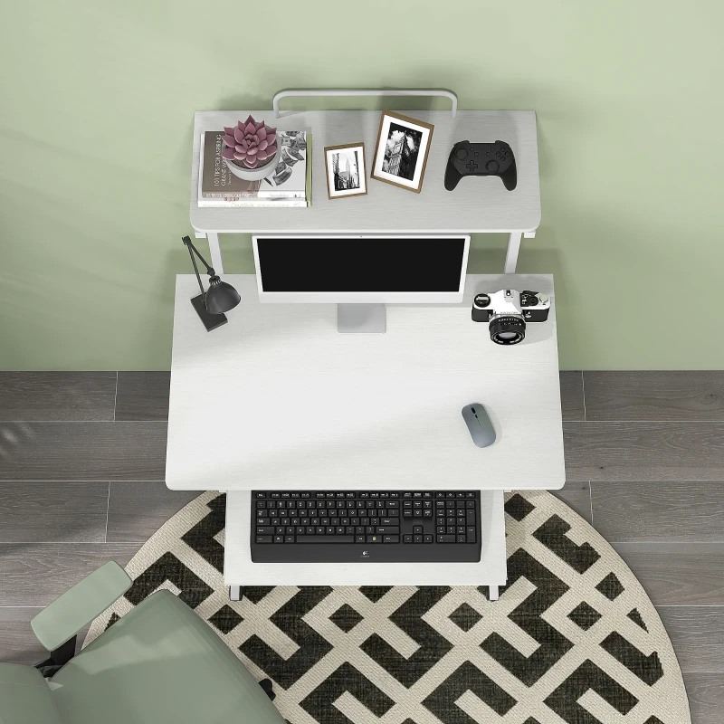 HOMCOM 32" Mobile Computer Table, Rolling Study Desk for Home Office with Keyboard Tray, Storage Shelves, Wheels, White