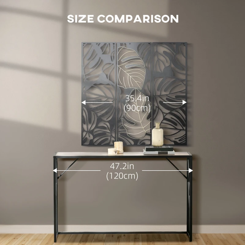 HOMCOM Metal Wall Art Abstract Line Fir Leaves Set of 3 Hanging Wall Sculpture Home Decor for Living Room Bedroom Kitchen 12"x36", Black Gold