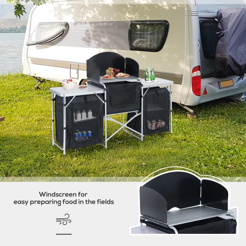 Outsunny Camping Kitchen Table, Aluminum Portable Outdoor Cooking Table, Fold-Up Cook Station with Windscreen and 3 Enclosed Cupboards for BBQ, Party, Picnics, Backyards