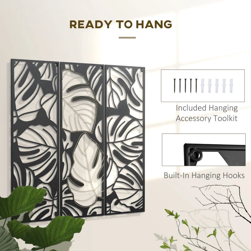 HOMCOM Metal Wall Art Abstract Line Fir Leaves Set of 3 Hanging Wall Sculpture Home Decor for Living Room Bedroom Kitchen 12"x36", Black Gold