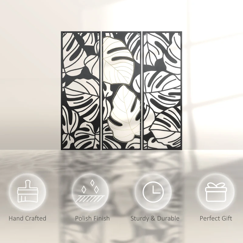 HOMCOM Metal Wall Art Abstract Line Fir Leaves Set of 3 Hanging Wall Sculpture Home Decor for Living Room Bedroom Kitchen 12"x36", Black Gold