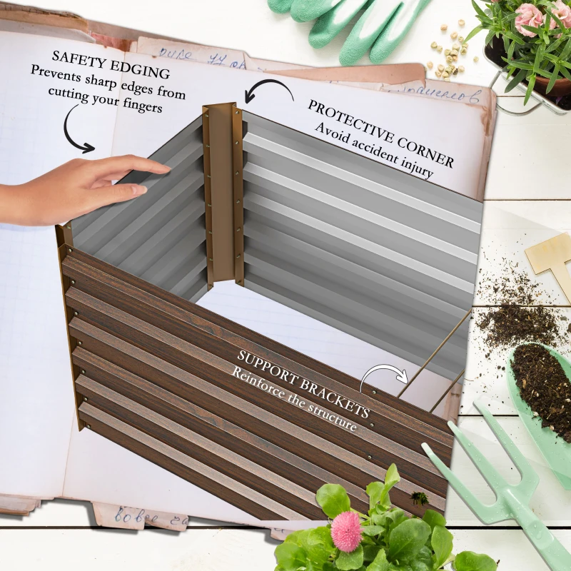 Outsunny 8x2x2ft Galvanized Raised Garden Bed Kit with Safety Edging for Flowers, Herbs and Vegetables, Dark Brown