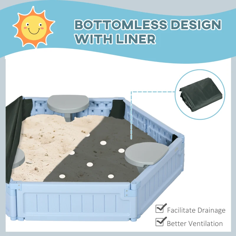 Outsunny Kids Sandbox with Cover, 3 Seats, Bottom Liner, for 3-12 Years Old, Light Blue