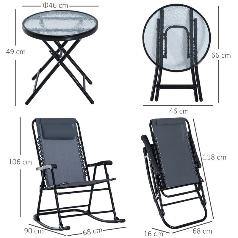 Outsunny Outdoor Folding Rocking Chair Patio Table Seating Set, 2 Rocking Chairs with Armrests and 1 Side Table with Tempered Glass - Gray