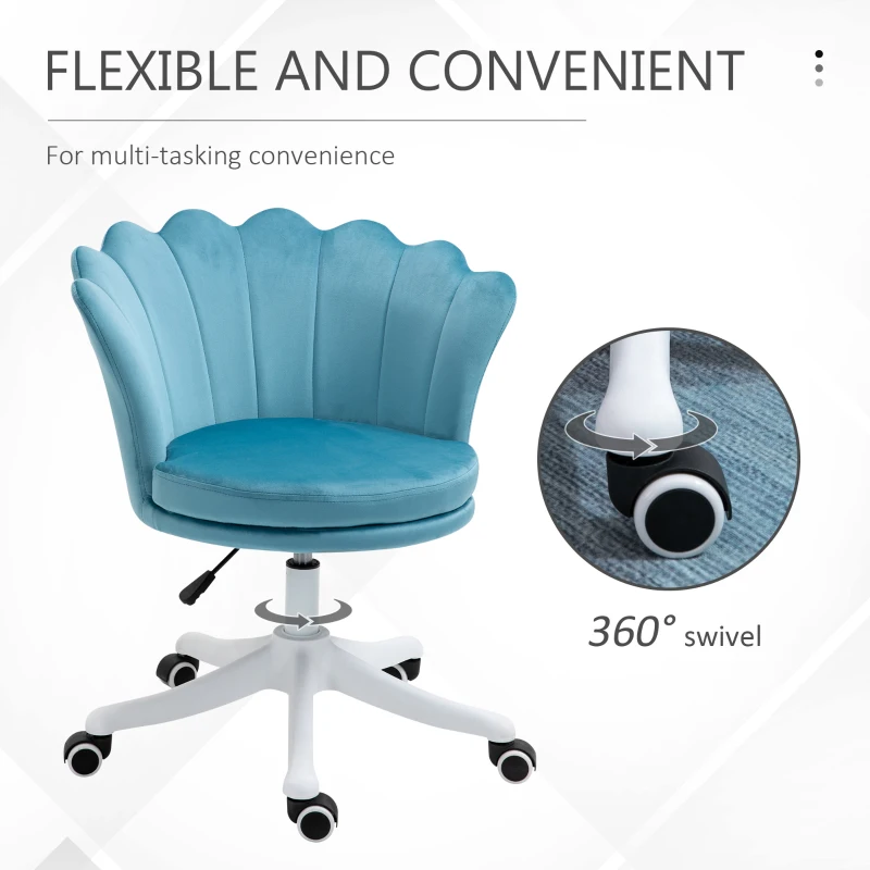 HOMCOM Adjustable Height Study Chair, Mid Back Velvet Office Chair with Swivel Wheels for Living Room, Study, Blue
