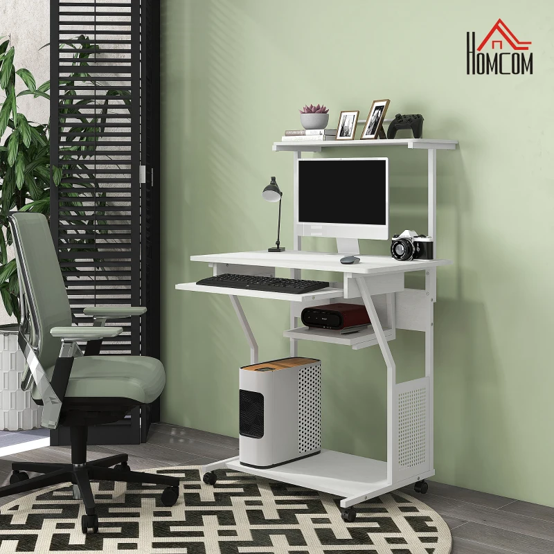 HOMCOM 32" Mobile Computer Table, Rolling Study Desk for Home Office with Keyboard Tray, Storage Shelves, Wheels, White