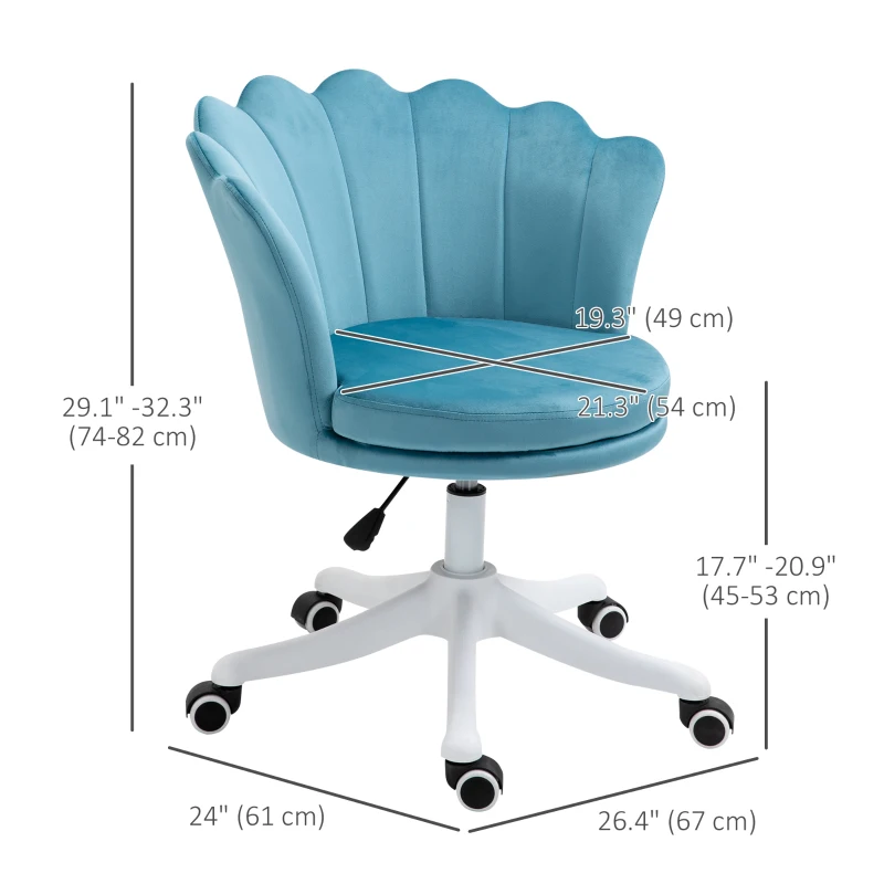 HOMCOM Adjustable Height Study Chair, Mid Back Velvet Office Chair with Swivel Wheels for Living Room, Study, Blue