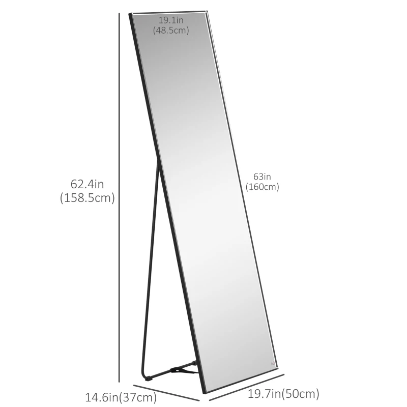 HOMCOM 63"x20" Full Length Mirror, Floor Standing, Wall-Mounted or Leaning Against Wall Tall Mirror w/Support Frame, Rectangular Full Body Mirror for Bedroom, Living Room, Black
