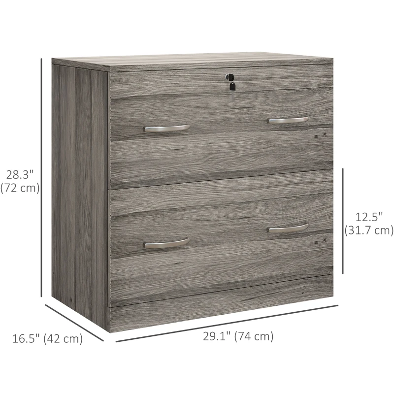 Vinsetto 2 Drawer File Cabinet with Lock, Office Filing Cabinet, Hanging Bar for Letter Size, Home Office, Grey