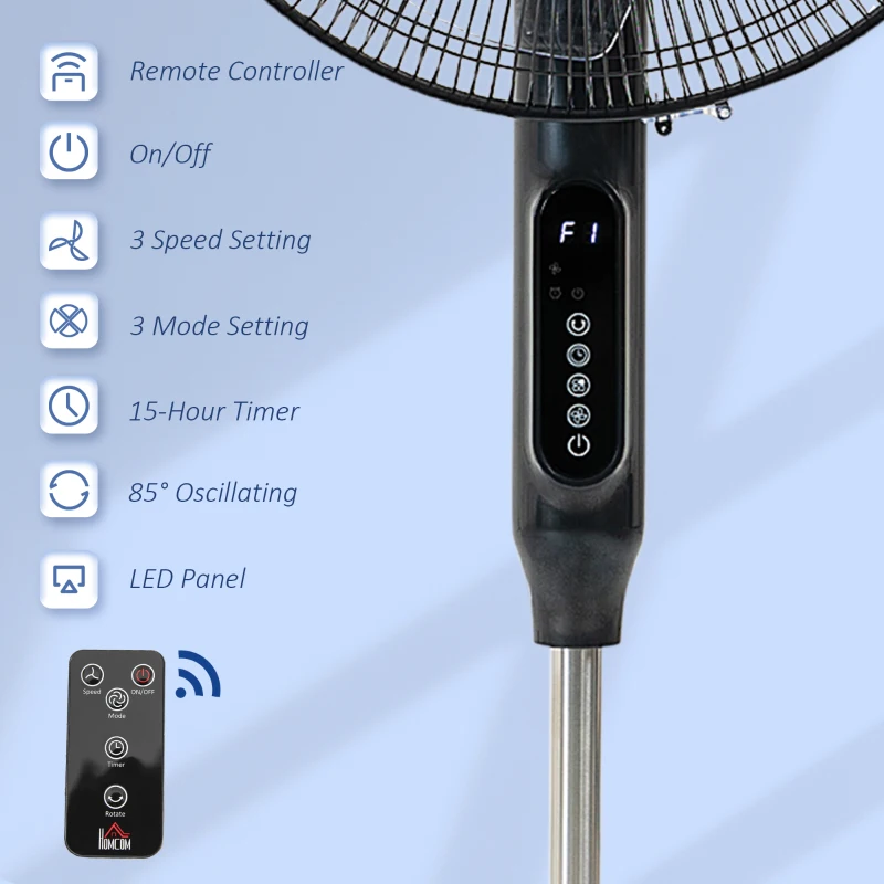 HOMCOM Standing Floor Fan with Remote Control, Stand Up Cooling Fan, Tall Pedestal Electric Fan for Bedroom, Black