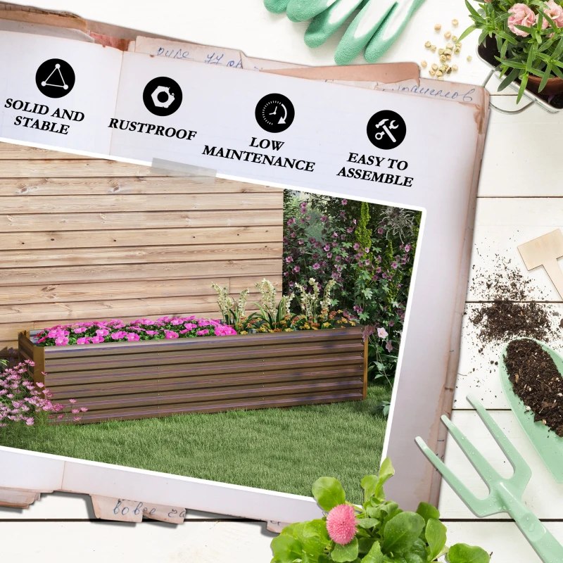 Outsunny 8x2x2ft Galvanized Raised Garden Bed Kit with Safety Edging for Flowers, Herbs and Vegetables, Dark Brown