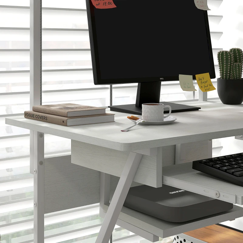 HOMCOM 32" Mobile Computer Table, Rolling Study Desk for Home Office with Keyboard Tray, Storage Shelves, Wheels, White