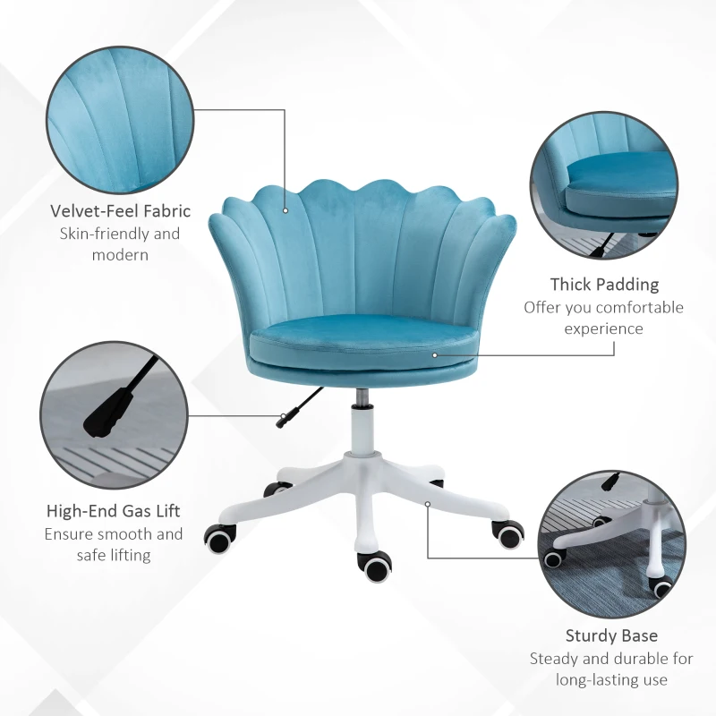 HOMCOM Adjustable Height Study Chair, Mid Back Velvet Office Chair with Swivel Wheels for Living Room, Study, Blue