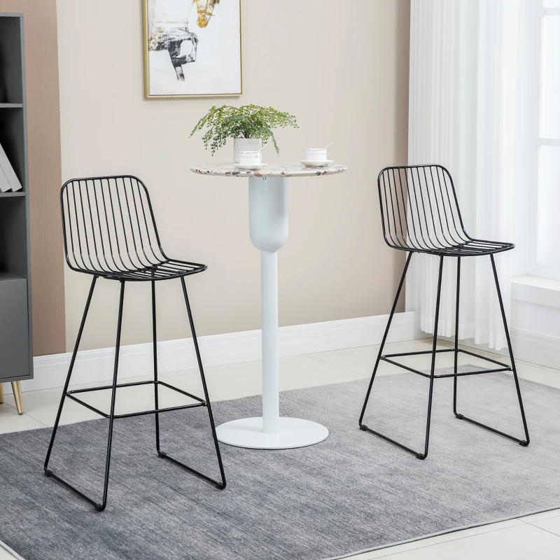 HOMCOM Modern Bar Stools, Metal Wire Bar Height Barstools, 30" Seat Height Bar Chairs for Kitchen with Back and Footrest, Set of 2, Black