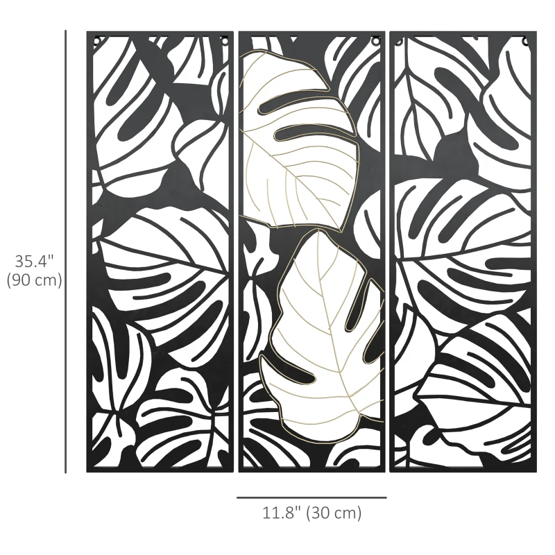 HOMCOM Metal Wall Art Abstract Line Fir Leaves Set of 3 Hanging Wall Sculpture Home Decor for Living Room Bedroom Kitchen 12"x36", Black Gold
