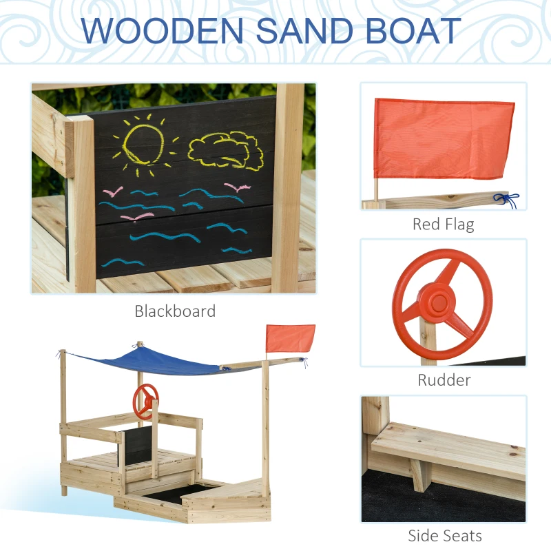 Outsunny Kids Wooden Sandbox with Cover, Foldable Sandpit, Covered Children Sand Boat Outdoor, w/Flag, Bottom Liner, for 3-8 Years Old, Natural Wood