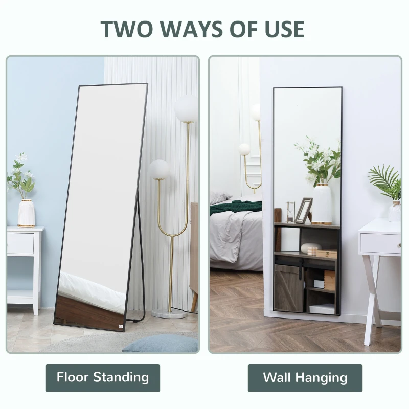 HOMCOM 63"x20" Full Length Mirror, Floor Standing, Wall-Mounted or Leaning Against Wall Tall Mirror w/Support Frame, Rectangular Full Body Mirror for Bedroom, Living Room, Black