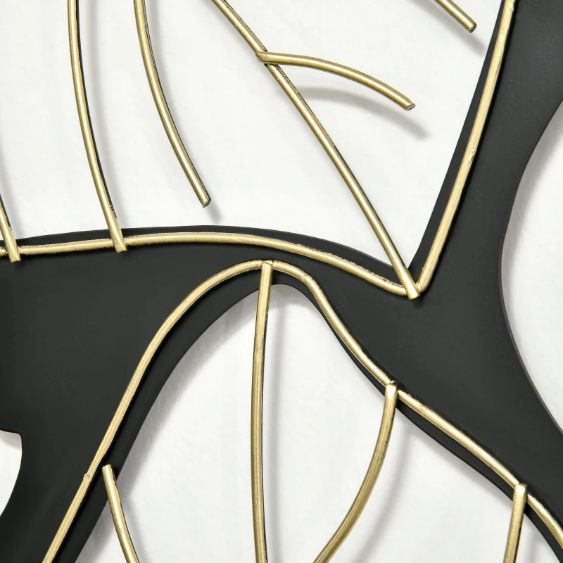 HOMCOM Metal Wall Art Abstract Line Fir Leaves Set of 3 Hanging Wall Sculpture Home Decor for Living Room Bedroom Kitchen 12"x36", Black Gold
