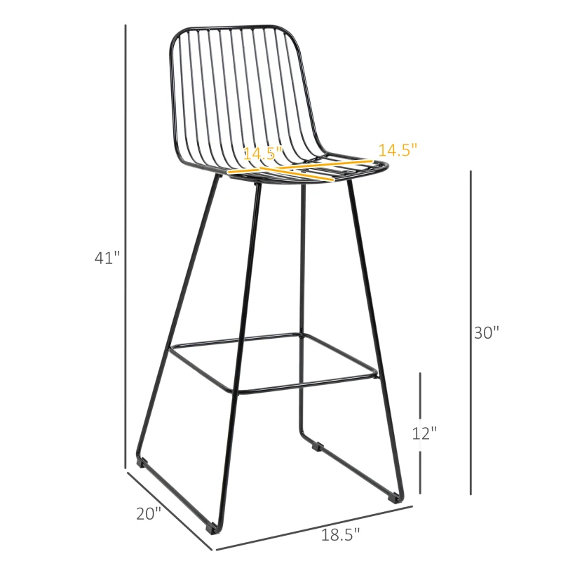 HOMCOM Modern Bar Stools, Metal Wire Bar Height Barstools, 30" Seat Height Bar Chairs for Kitchen with Back and Footrest, Set of 2, Black