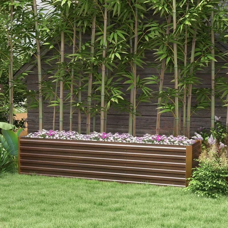 Outsunny 8x2x2ft Galvanized Raised Garden Bed Kit with Safety Edging for Flowers, Herbs and Vegetables, Dark Brown