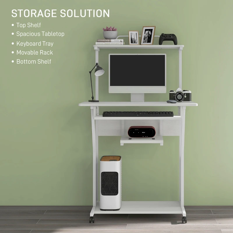 HOMCOM 32" Mobile Computer Table, Rolling Study Desk for Home Office with Keyboard Tray, Storage Shelves, Wheels, White