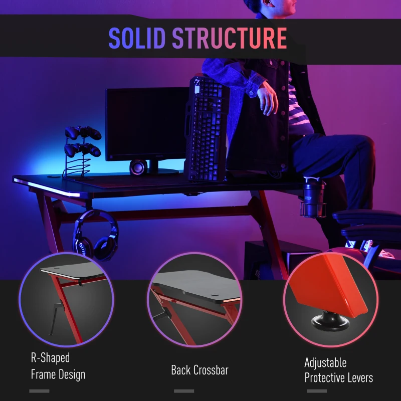 HOMCOM 47" Gaming Desk with LED Lights, Home Office Gaming Table, Computer Table with Hook, Cup Holder, Controller Rack & Cable Management