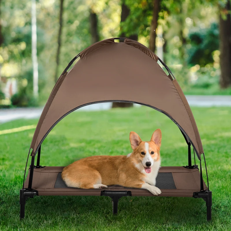 PawHut Elevated Dog Bed, 36" with UV Protection Shade Canopy, Durable Pet Cot, Coffee - Ideal for Outdoor Comfort