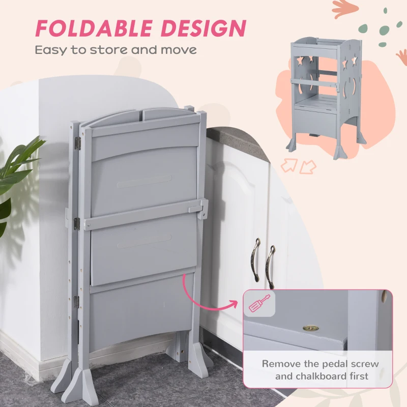 Qaba Wooden Kitchen Step Stool for Kids, Foldable Toddler Tower, Helper Stool for Kitchen Counter with Support Handles Safety Rail, Gray