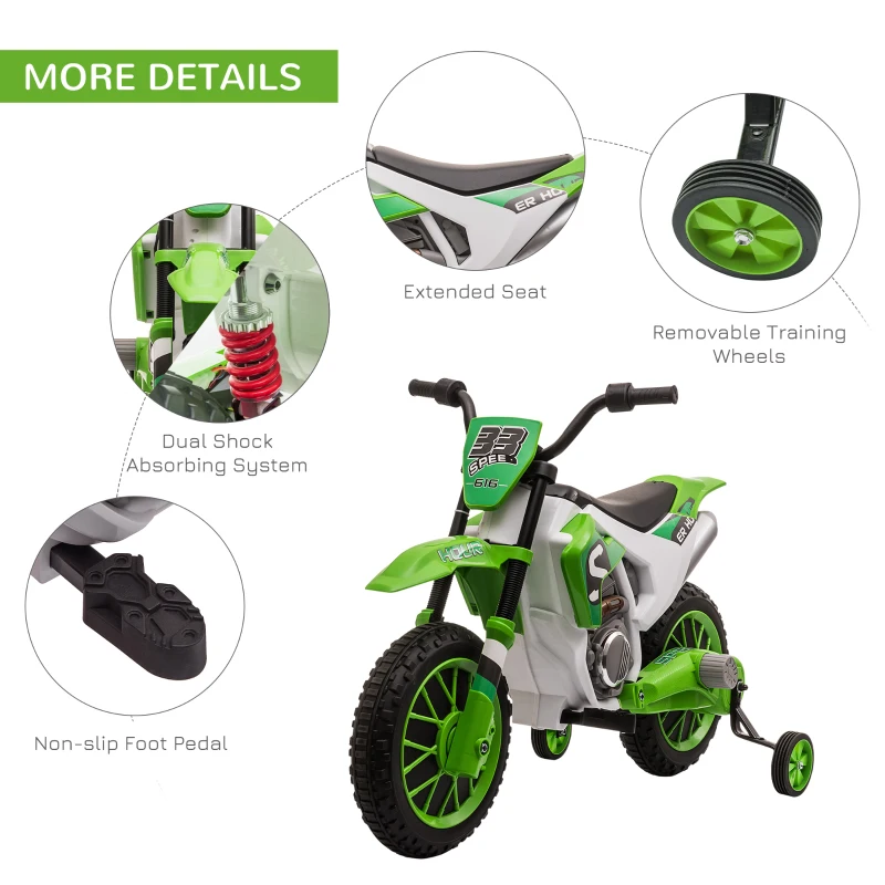 Aosom 12V Kids Motorcycle w/ Treaded Tires, 5mph Top Speed Electric Bike for Kids, Ride On Motorcycle w/ Training Wheels, Battery Charger, Spring Suspension, Green(m-6)