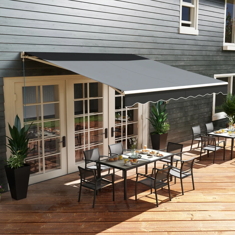 Outsunny 12' x 10' Electric Awning, Retractable Awning, UV Protection Sun Shade Shelter with Remote Controller and Manual Crank Handle for Deck, Balcony, Yard, Black(m-9)