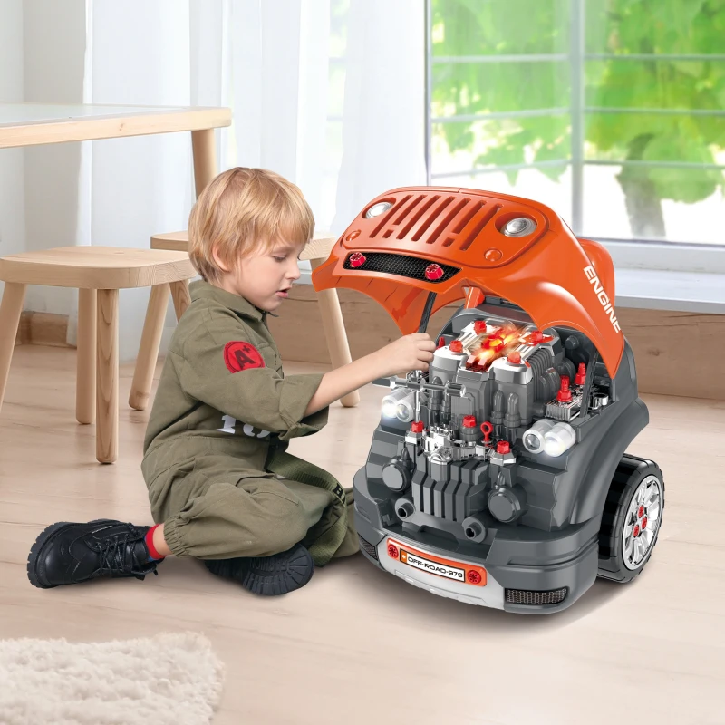 Qaba Kids Truck Engine Toy Set, Educational Car Service Station Playset, Take Apart Workshop, w/ Steering Wheel, Horn, Light, RC Car Key, for 3-5 Years Old Orange