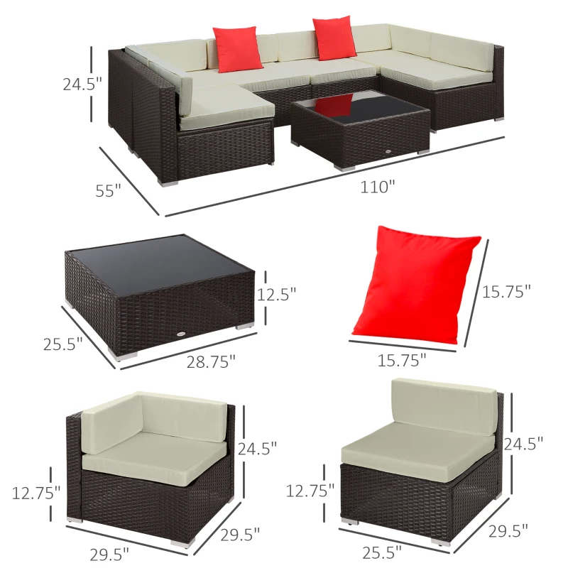 Outsunny 7 Piece Outdoor Patio Sofa Set with Cushions, All Weather PE Rattan, 29.5" Sofa Section, Glass Top Coffee Table for Outdoor Living, Beige(m-3)