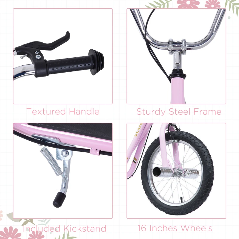 HOMCOM Youth Scooter Teen Kick Scooter Kids Children Stunt Scooter Bike Bicycle Ride On 16" Inflatable Wheels Pink
