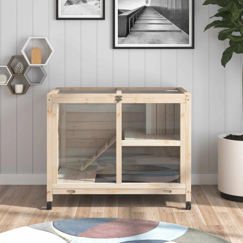 PawHut Rabbit Hutch with Wheels, Desk and Side Table Sized, Wooden Rabbit Cage, Waterproof Small Bunny Cage with Removable Tray, Openable Roof, for Rabbits, Chickens, Ducks, Indoor/Outdoor, Natural