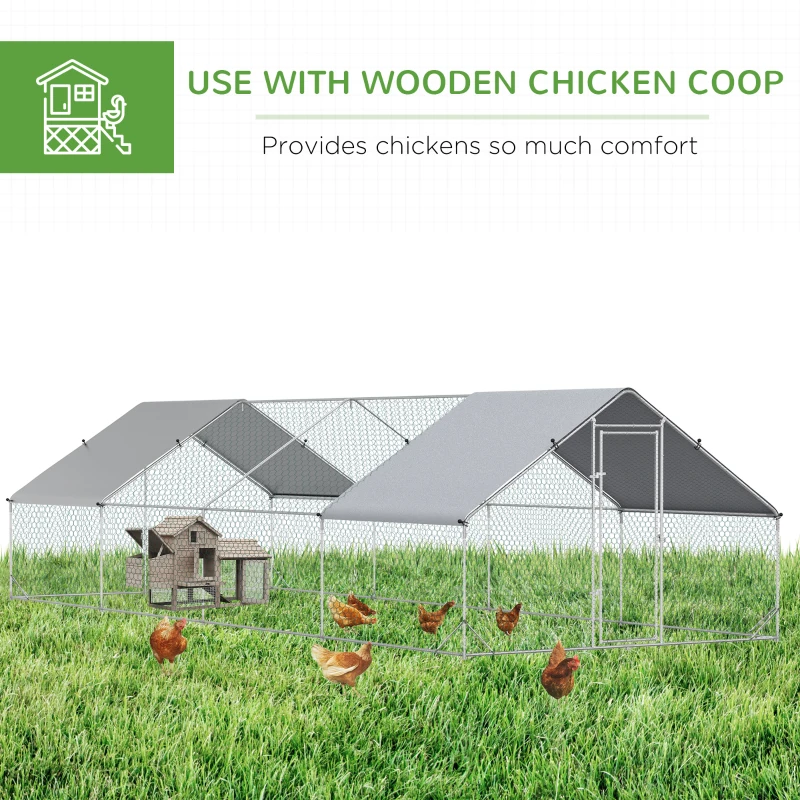 PawHut Metal Chicken Run 9.8' x 26.2' x 6.6' with Waterproof and Anti-UV Cover for Outdoor and Yard Farm Use(m-5)