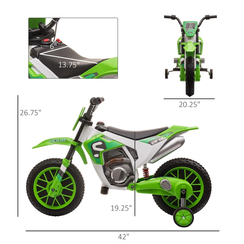 Aosom 12V Kids Motorcycle w/ Treaded Tires, 5mph Top Speed Electric Bike for Kids, Ride On Motorcycle w/ Training Wheels, Battery Charger, Spring Suspension, Green(m-3)