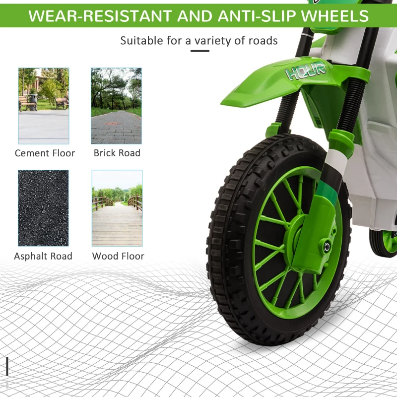 Aosom 12V Kids Motorcycle w/ Treaded Tires, 5mph Top Speed Electric Bike for Kids, Ride On Motorcycle w/ Training Wheels, Battery Charger, Spring Suspension, Green(m-7)