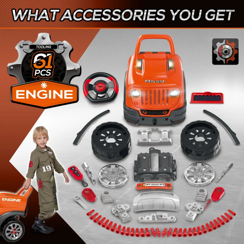Qaba Kids Truck Engine Toy Set, Educational Car Service Station Playset, Take Apart Workshop, w/ Steering Wheel, Horn, Light, RC Car Key, for 3-5 Years Old Orange