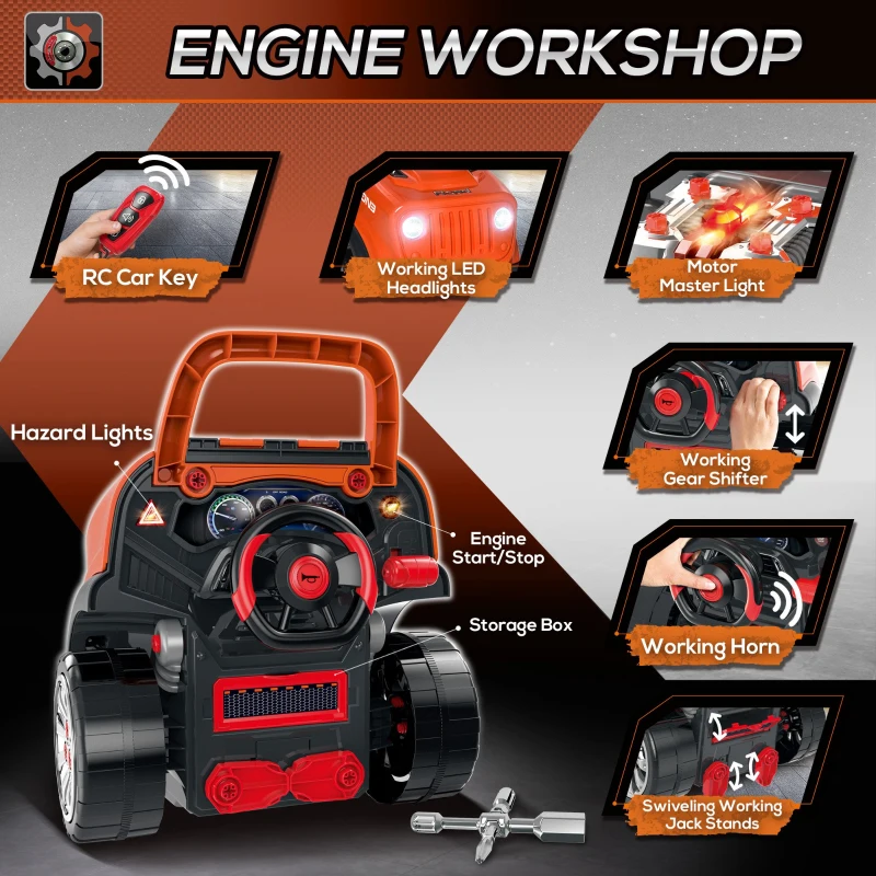 Qaba Kids Truck Engine Toy Set, Educational Car Service Station Playset, Take Apart Workshop, w/ Steering Wheel, Horn, Light, RC Car Key, for 3-5 Years Old Orange