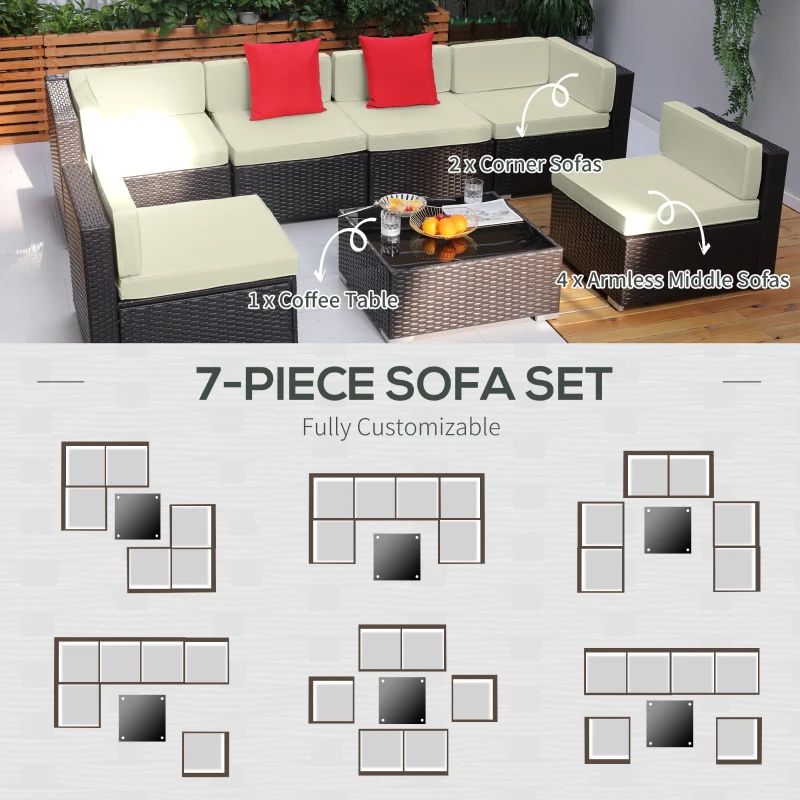 Outsunny 7 Piece Outdoor Patio Sofa Set with Cushions, All Weather PE Rattan, 29.5" Sofa Section, Glass Top Coffee Table for Outdoor Living, Beige(m-5)