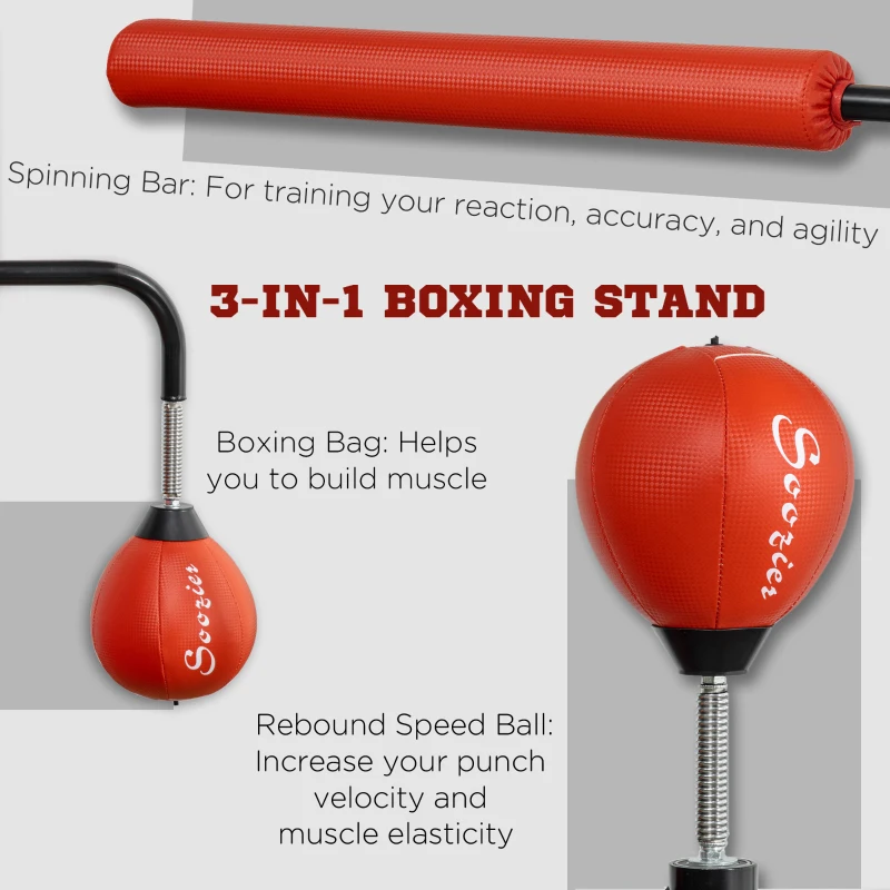 Soozier Freestanding Boxing Punching Bag, Height Adjustable, with Reflex Bar, Speed Balls and Suction Cup Base, Red