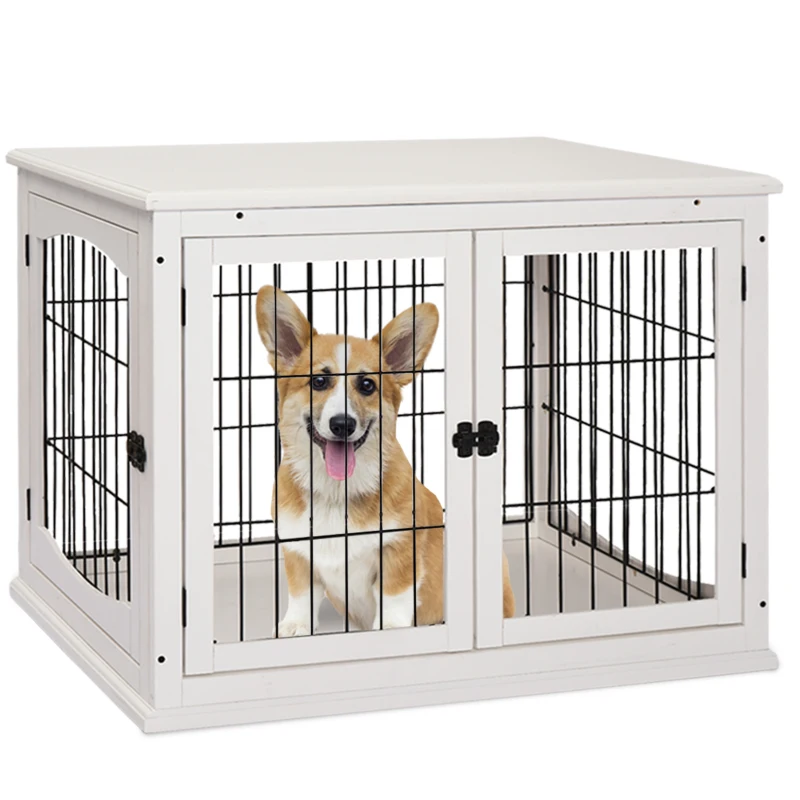 PawHut 26" Wooden Dog Cage with Double Door Entrance & Simple Modern Design, White