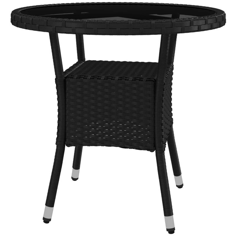 Outsunny Φ31.5" Outdoor Wicker Dining Table, PE Rattan Patio Furniture with 2-Tier Storage Shelf, Metal Frame Round Garden Table with Glass Top Table, Black