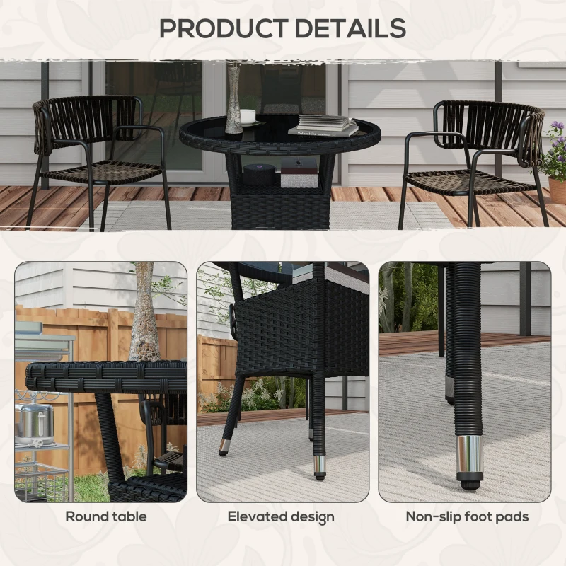 Outsunny Φ31.5" Outdoor Wicker Dining Table, PE Rattan Patio Furniture with 2-Tier Storage Shelf, Metal Frame Round Garden Table with Glass Top Table, Black