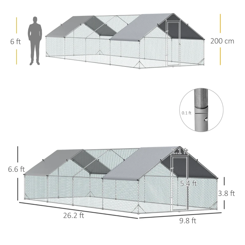 PawHut Metal Chicken Run 9.8' x 26.2' x 6.6' with Waterproof and Anti-UV Cover for Outdoor and Yard Farm Use(m-3)