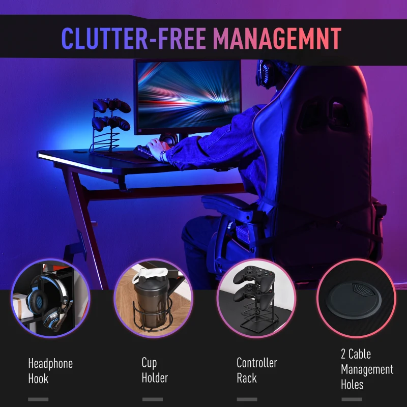 HOMCOM 47" Gaming Desk with LED Lights, Home Office Gaming Table, Computer Table with Hook, Cup Holder, Controller Rack & Cable Management