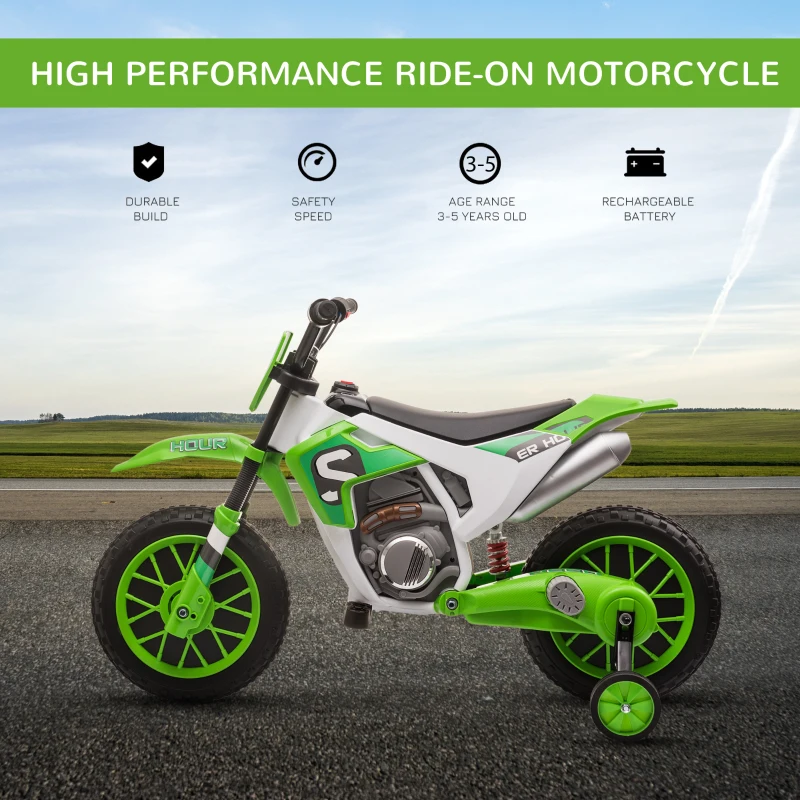 Aosom 12V Kids Motorcycle w/ Treaded Tires, 5mph Top Speed Electric Bike for Kids, Ride On Motorcycle w/ Training Wheels, Battery Charger, Spring Suspension, Green(m-4)